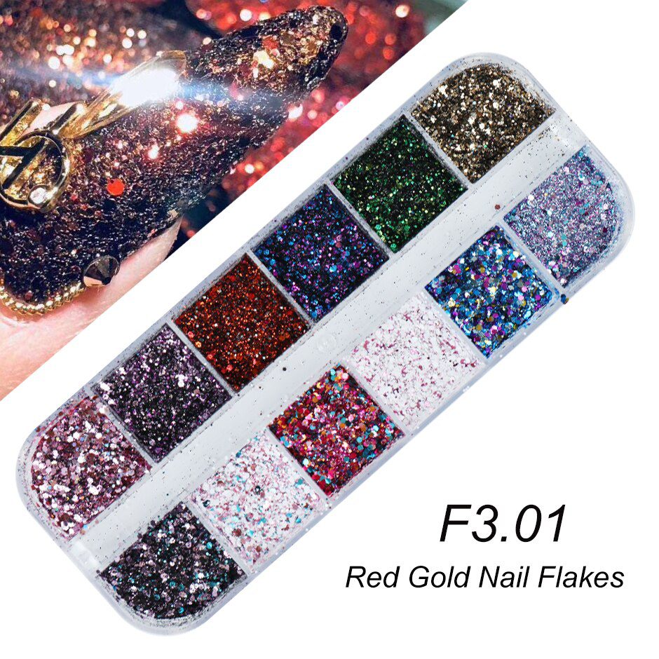 Holographic Nail Glitter Flakes Sequin 12pcs in 1 Rose Gold Silver DIY Butterfly Dipping Powder for Acrylic Nails Tools CH1585