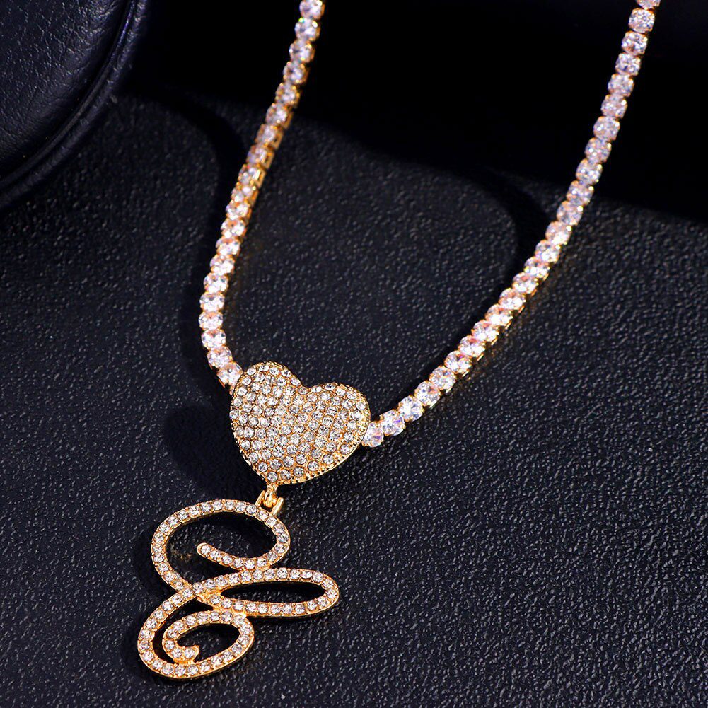 New A-Z Cursive Letter Heart Pendant Iced Out Cuban Necklace For Women Initial Zircon Link Chain Necklace Choker Hip hop Jewelry