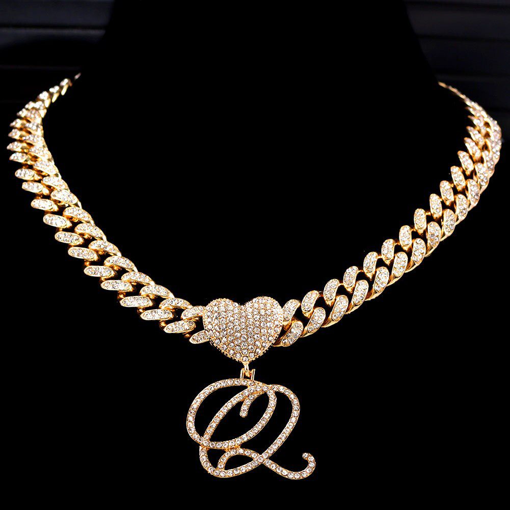 New A-Z Cursive Letter Heart Pendant Iced Out Cuban Necklace For Women Initial Zircon Link Chain Necklace Choker Hip hop Jewelry