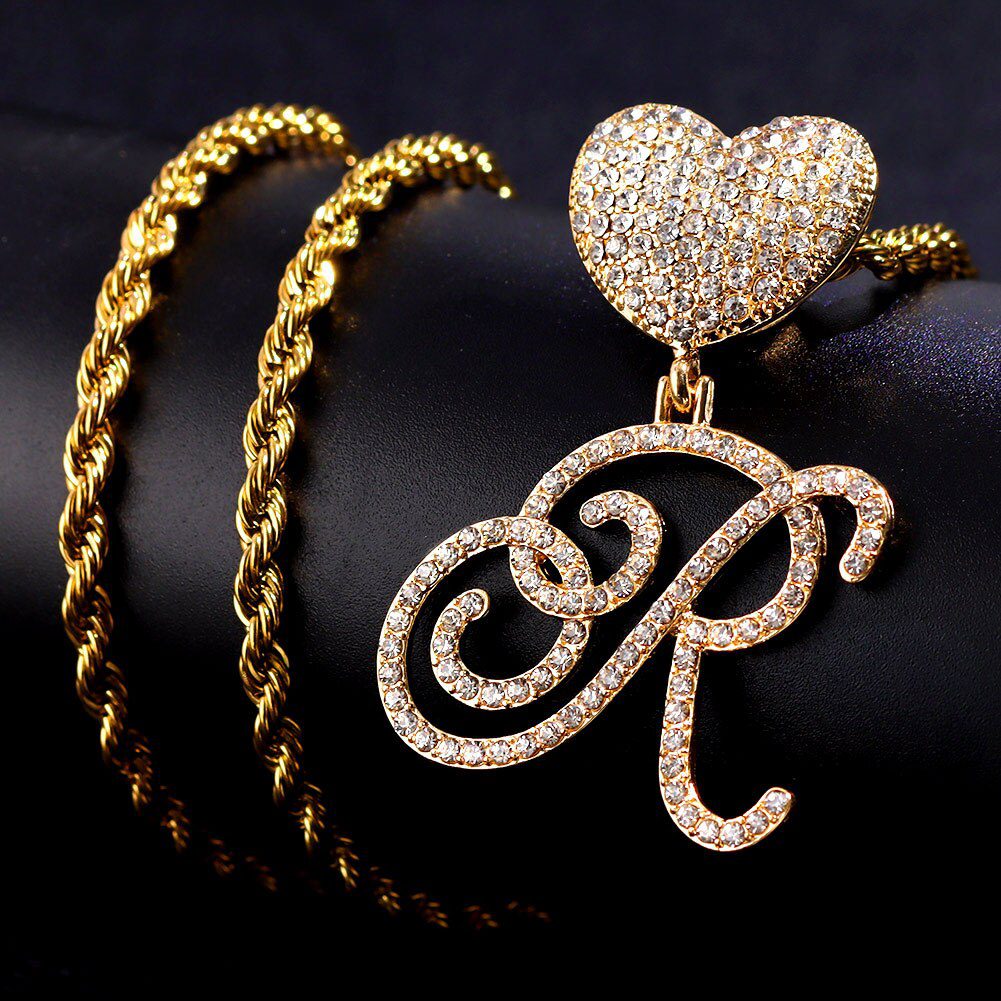 New A-Z Cursive Letter Heart Pendant Iced Out Cuban Necklace For Women Initial Zircon Link Chain Necklace Choker Hip hop Jewelry