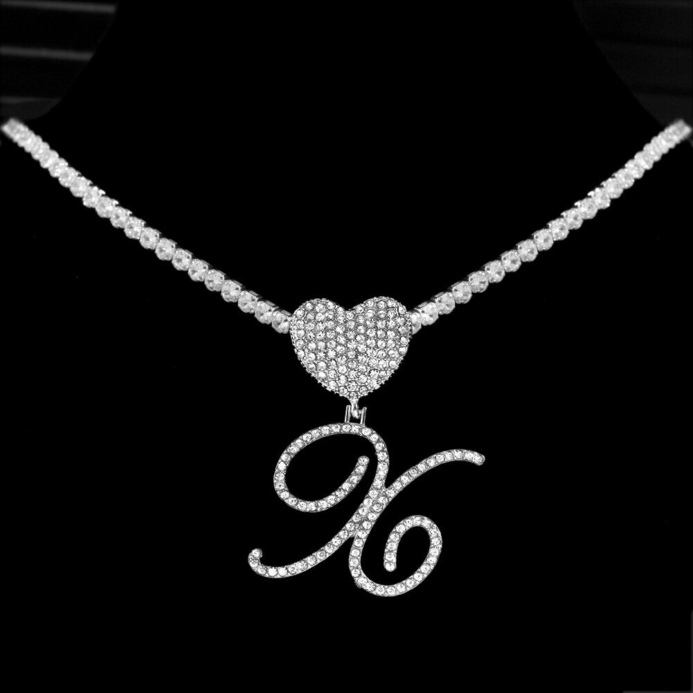 New A-Z Cursive Letter Heart Pendant Iced Out Cuban Necklace For Women Initial Zircon Link Chain Necklace Choker Hip hop Jewelry