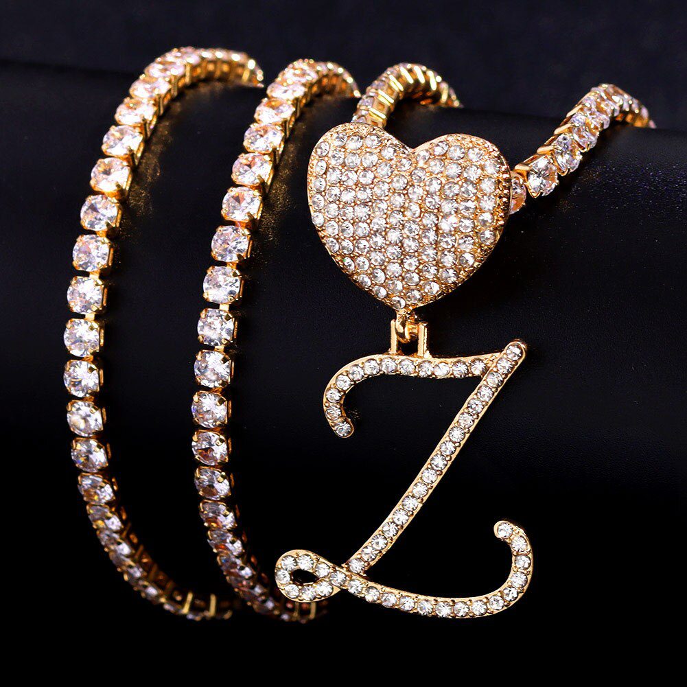 New A-Z Cursive Letter Heart Pendant Iced Out Cuban Necklace For Women Initial Zircon Link Chain Necklace Choker Hip hop Jewelry
