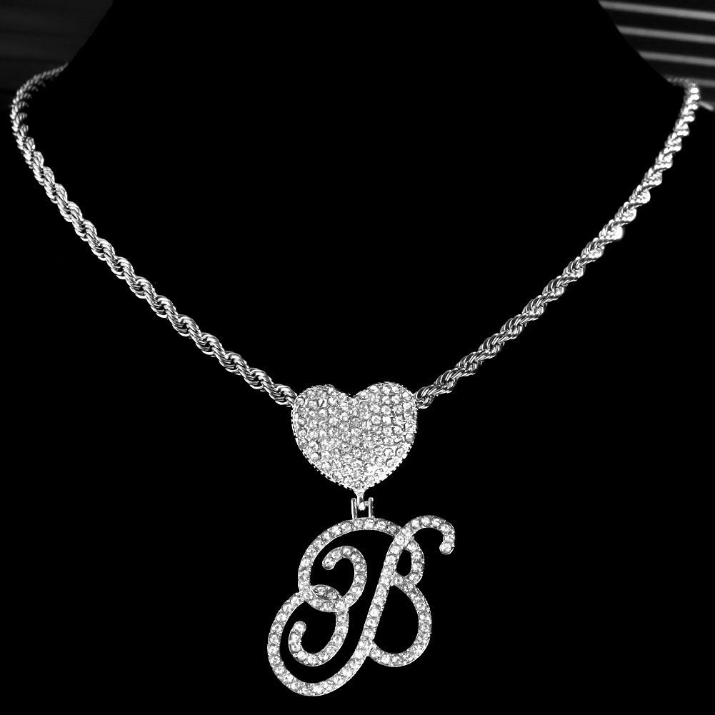 New A-Z Cursive Letter Heart Pendant Iced Out Cuban Necklace For Women Initial Zircon Link Chain Necklace Choker Hip hop Jewelry