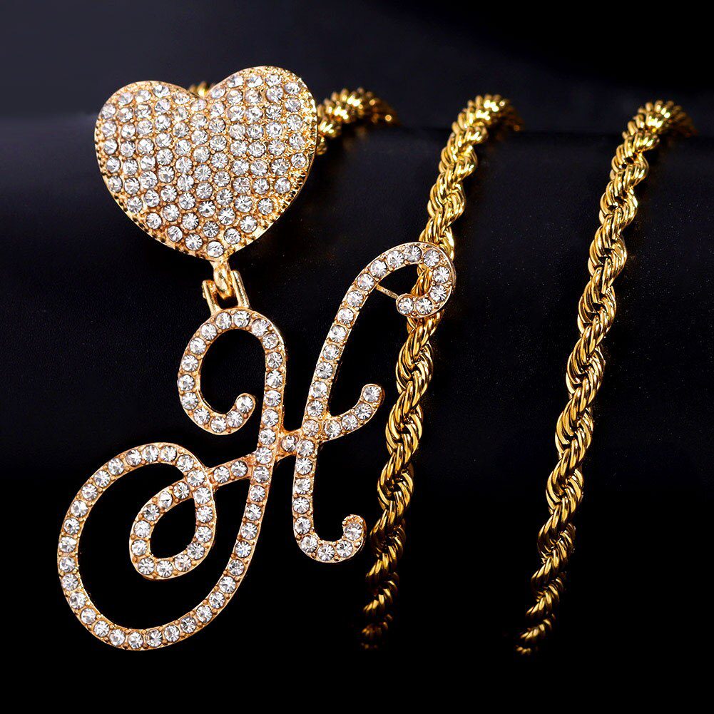 New A-Z Cursive Letter Heart Pendant Iced Out Cuban Necklace For Women Initial Zircon Link Chain Necklace Choker Hip hop Jewelry