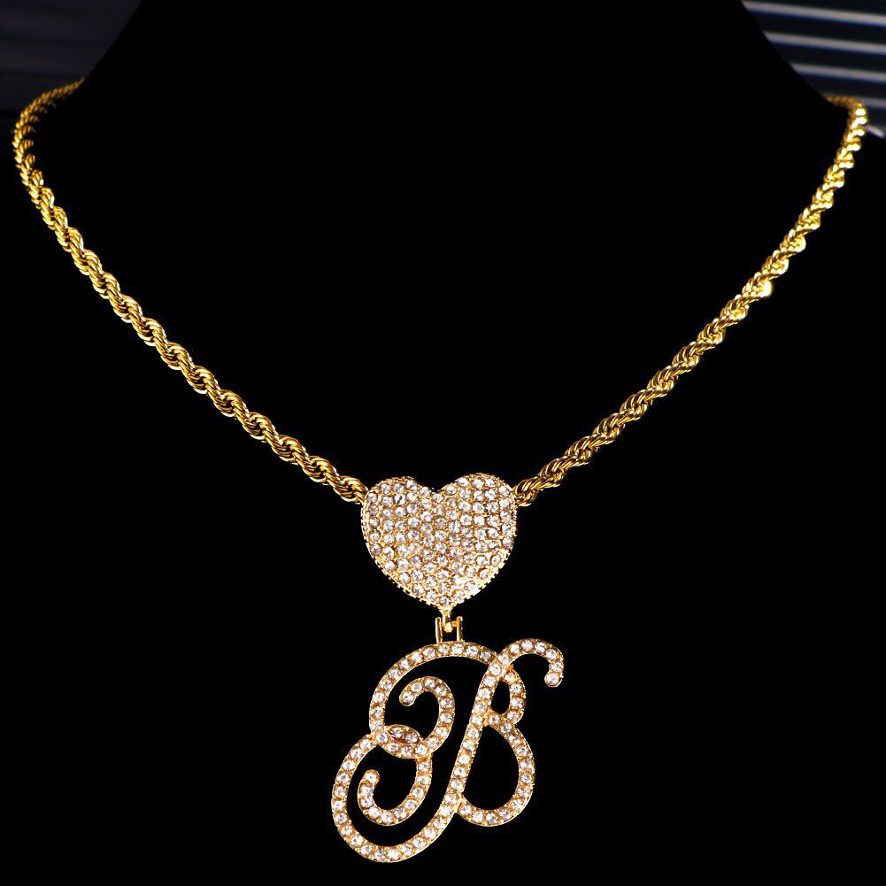 New A-Z Cursive Letter Heart Pendant Iced Out Cuban Necklace For Women Initial Zircon Link Chain Necklace Choker Hip hop Jewelry