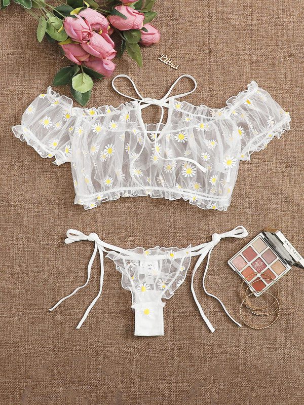 2PCS Off Shoulder Lace Up Bikini Set Women Sweet Casual Short Sleeve Swimsuits Beachwear Bathing Suits Sexy Lingerie