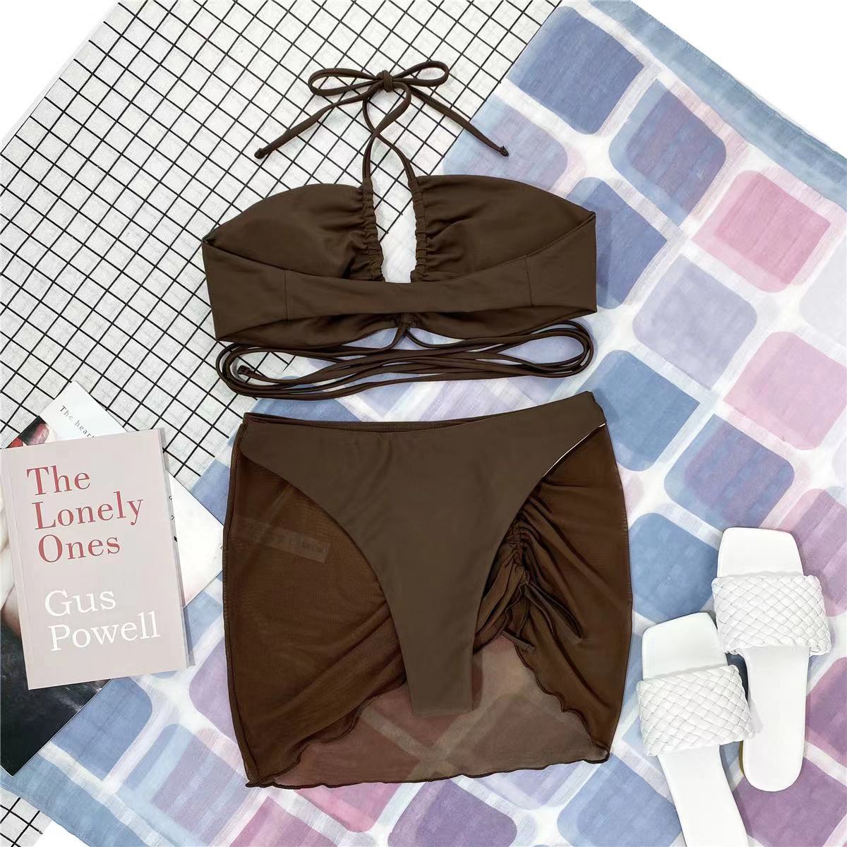 2022 New 3 Pieces Set Swimsuit Women High Waist Swimwear Sexy Lace Up Micro Bikini Set With Skirt Solid Beachwear Bathing Suit