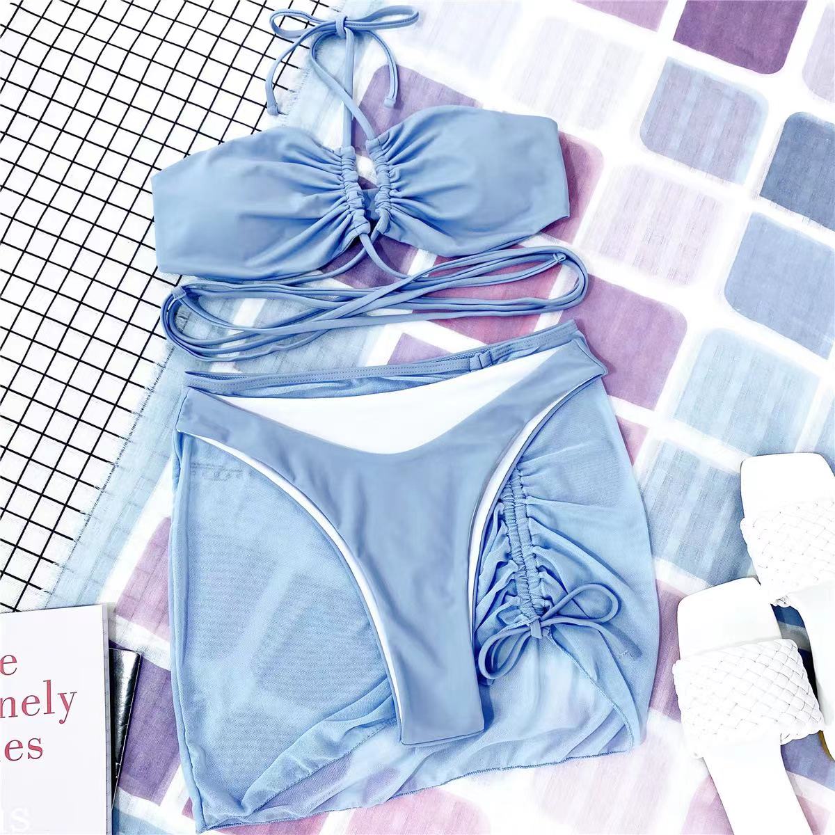 2022 New 3 Pieces Set Swimsuit Women High Waist Swimwear Sexy Lace Up Micro Bikini Set With Skirt Solid Beachwear Bathing Suit