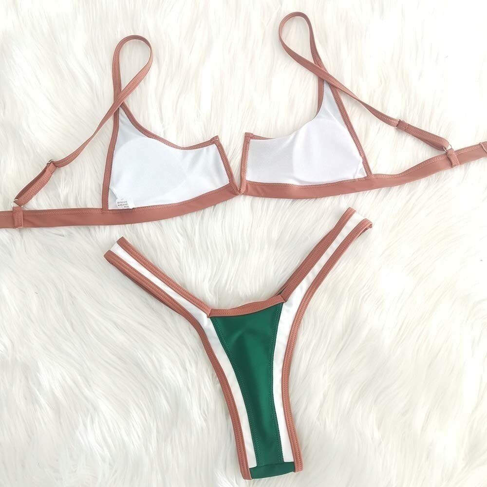 Vintage Retro Bikini Patchwork Swimsuit Thong Brazilian Sexy Swimwear Female 2022 New Summer Micro V-bar Green Bathing Suits
