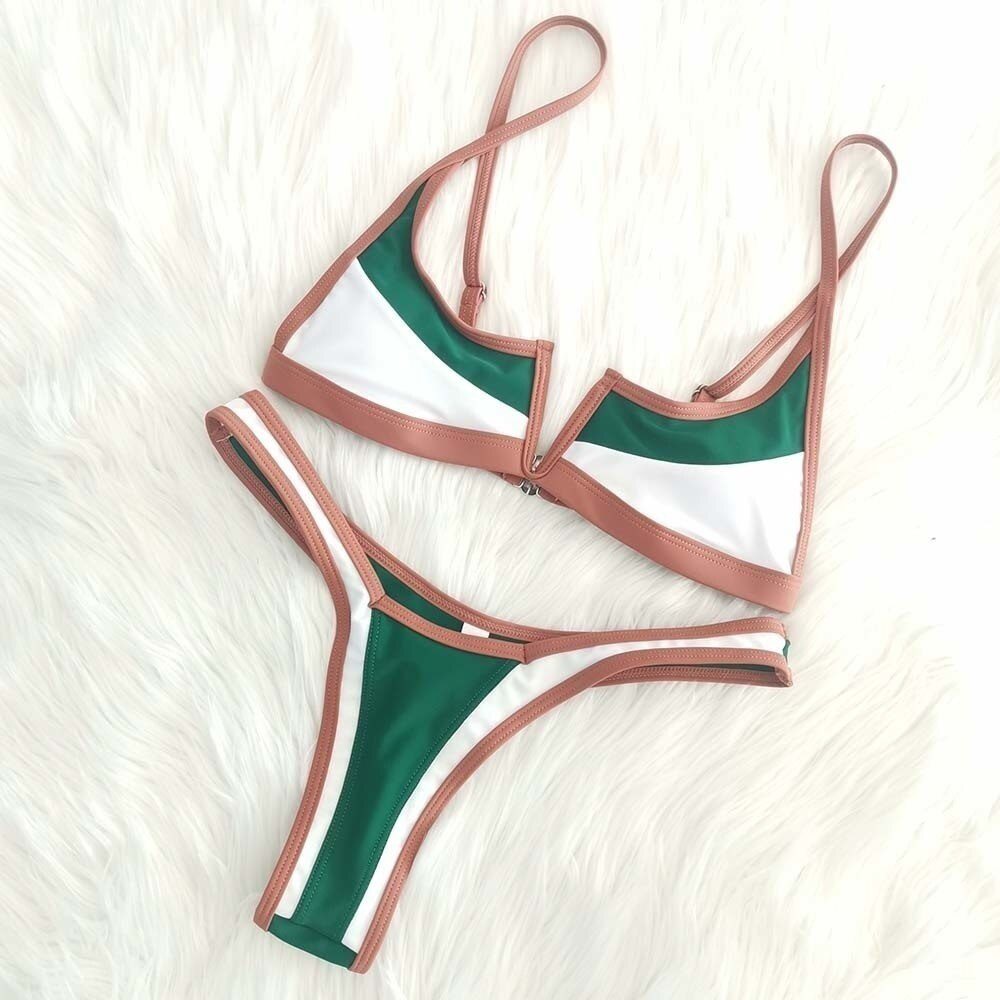 Vintage Retro Bikini Patchwork Swimsuit Thong Brazilian Sexy Swimwear Female 2022 New Summer Micro V-bar Green Bathing Suits