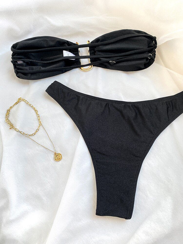 Solid Swimsuit Women Bathing Suit Bandeau Bikini 2022  Biquinis Feminino Swimwear High Waist Bikini Set Beachwear Sexy Bikinis