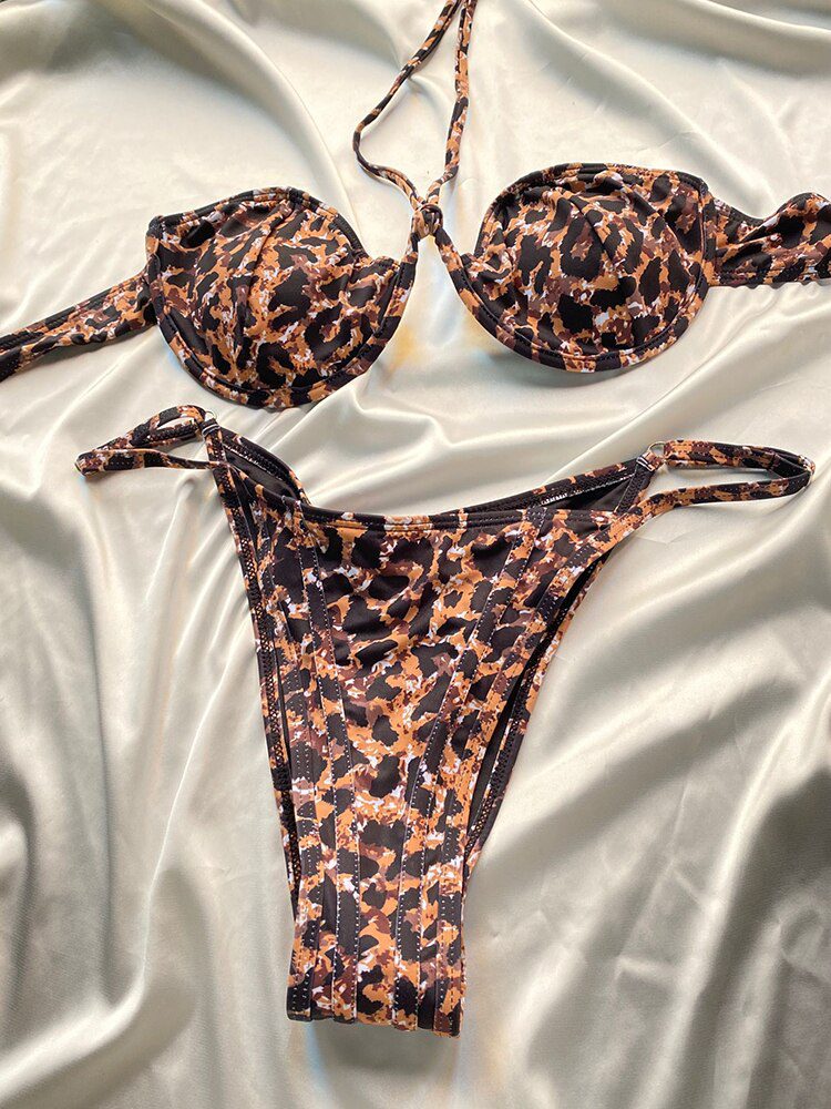 ZRTAK Leopard Swimwear Sexy Bikinis Patchwork Swimsuit Women 2023 Bathing Suit Print Bikini Sets Solid Beachwear Cup