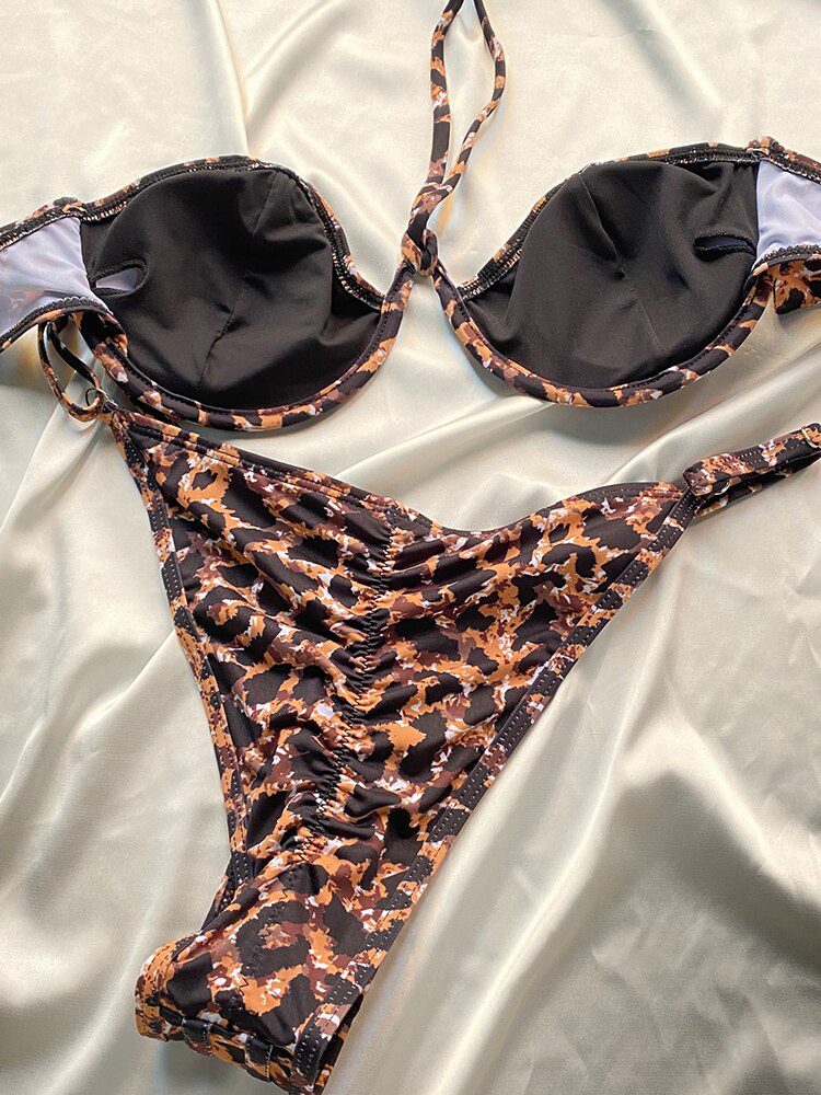 ZRTAK Leopard Swimwear Sexy Bikinis Patchwork Swimsuit Women 2023 Bathing Suit Print Bikini Sets Solid Beachwear Cup