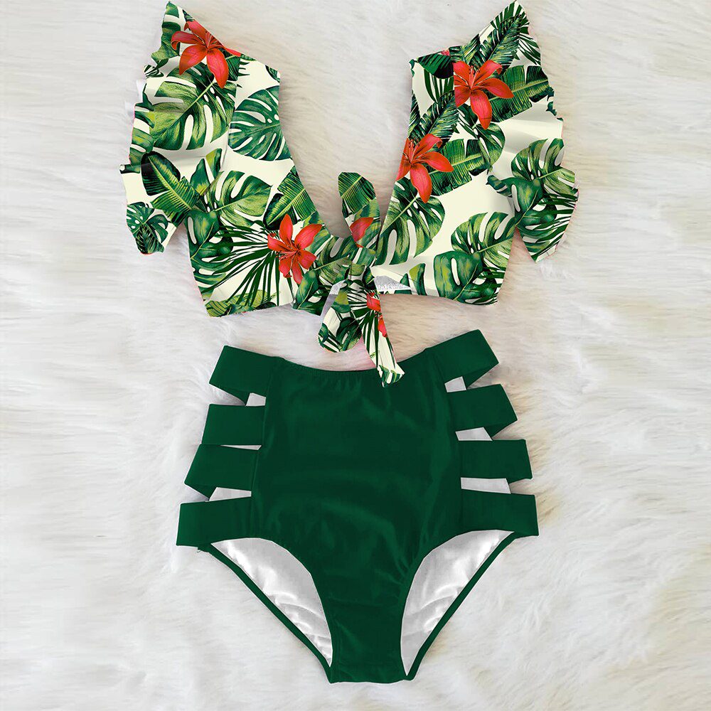High Waist Ruffled Sexy Bikini Set 2022 Flounce Biquini Swimwear Women Two Pieces Swimsuit Floral Beachwear V-Neck Bathing Suit
