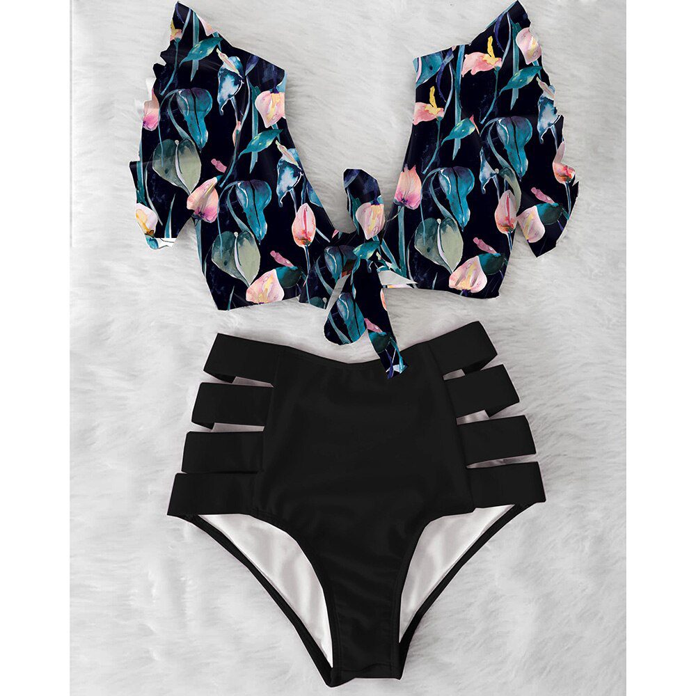 High Waist Ruffled Sexy Bikini Set 2022 Flounce Biquini Swimwear Women Two Pieces Swimsuit Floral Beachwear V-Neck Bathing Suit
