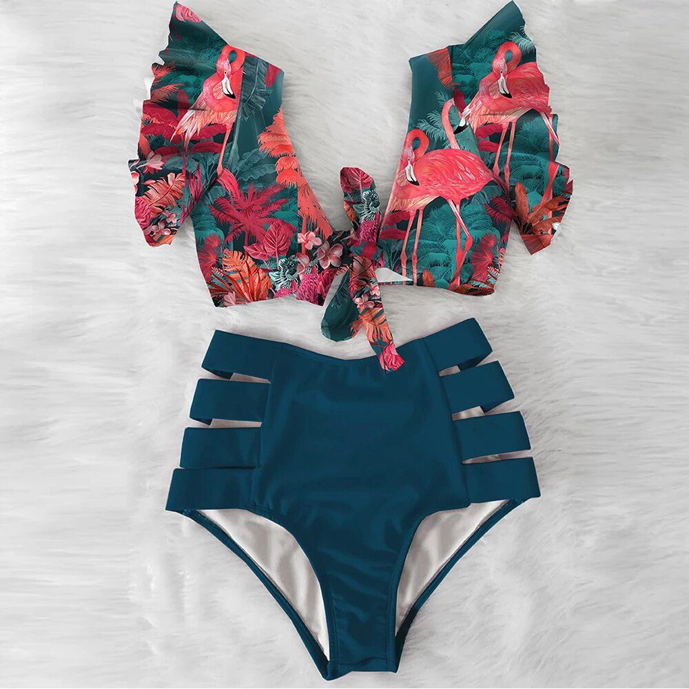 High Waist Ruffled Sexy Bikini Set 2022 Flounce Biquini Swimwear Women Two Pieces Swimsuit Floral Beachwear V-Neck Bathing Suit