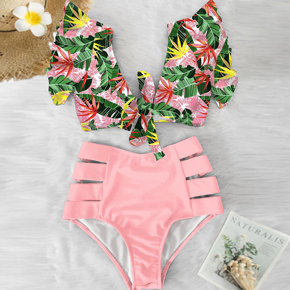 High Waist Ruffled Sexy Bikini Set 2022 Flounce Biquini Swimwear Women Two Pieces Swimsuit Floral Beachwear V-Neck Bathing Suit
