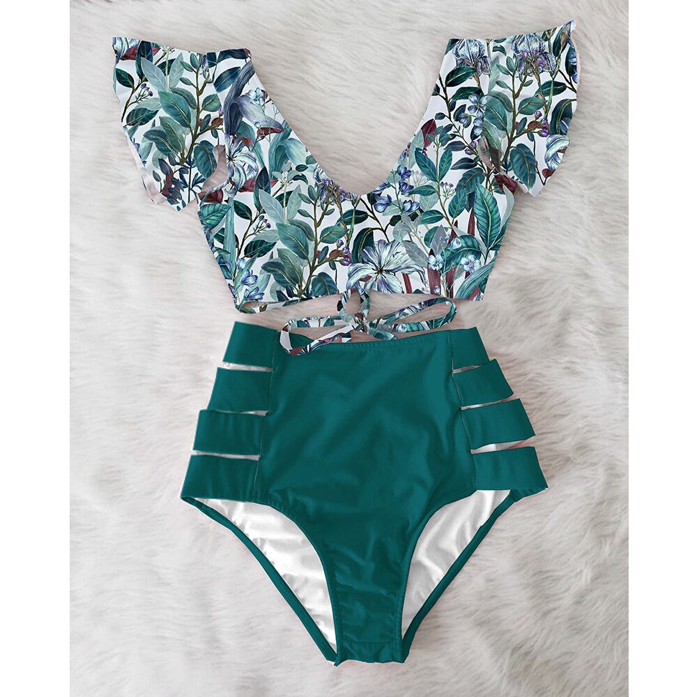 High Waist Ruffled Sexy Bikini Set 2022 Flounce Biquini Swimwear Women Two Pieces Swimsuit Floral Beachwear V-Neck Bathing Suit