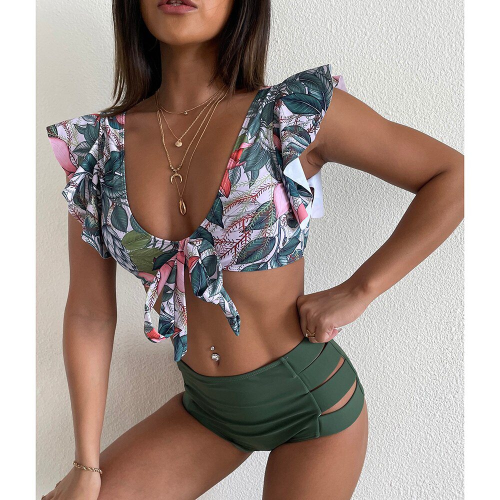 High Waist Ruffled Sexy Bikini Set 2022 Flounce Biquini Swimwear Women Two Pieces Swimsuit Floral Beachwear V-Neck Bathing Suit