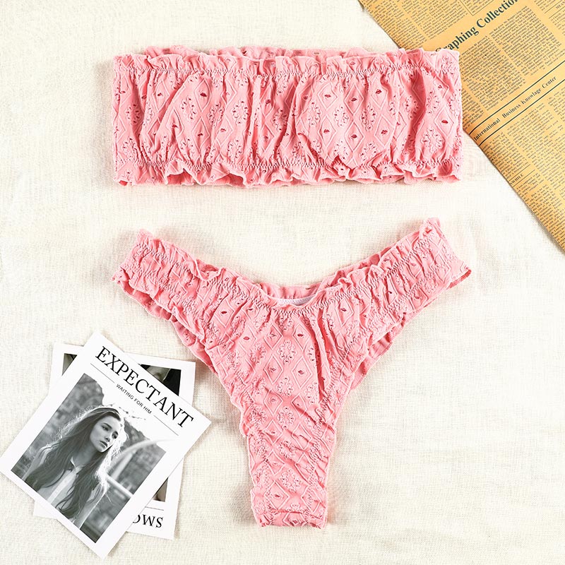 White Color Bikinis Bandeau Swimwear Women Swimsuit Sexy Ruffles Bikini Set Thong Beachwear Summer Bath Suit Hollow Out Biquini