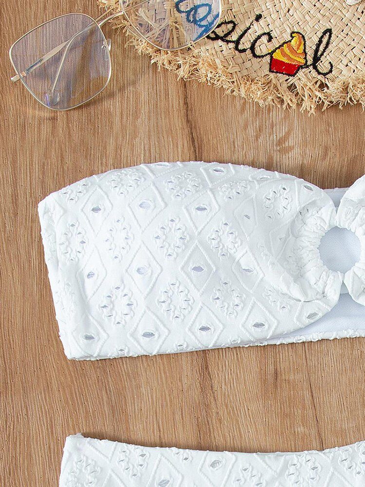 White Color Bikinis Bandeau Swimwear Women Swimsuit Sexy Ruffles Bikini Set Thong Beachwear Summer Bath Suit Hollow Out Biquini