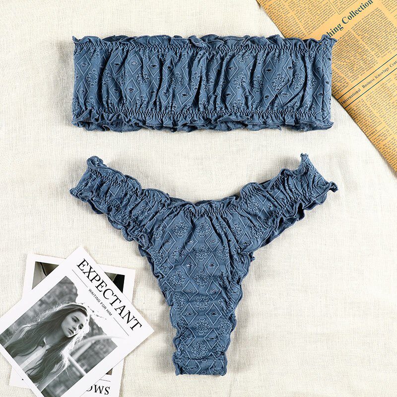 White Color Bikinis Bandeau Swimwear Women Swimsuit Sexy Ruffles Bikini Set Thong Beachwear Summer Bath Suit Hollow Out Biquini