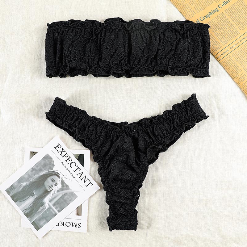 White Color Bikinis Bandeau Swimwear Women Swimsuit Sexy Ruffles Bikini Set Thong Beachwear Summer Bath Suit Hollow Out Biquini