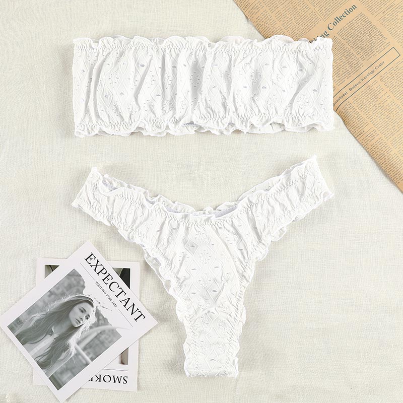 White Color Bikinis Bandeau Swimwear Women Swimsuit Sexy Ruffles Bikini Set Thong Beachwear Summer Bath Suit Hollow Out Biquini