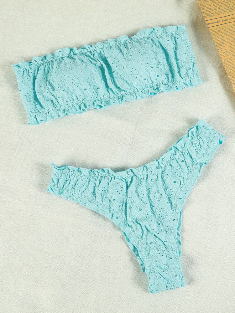 White Color Bikinis Bandeau Swimwear Women Swimsuit Sexy Ruffles Bikini Set Thong Beachwear Summer Bath Suit Hollow Out Biquini