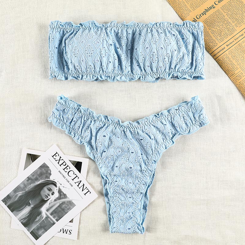 White Color Bikinis Bandeau Swimwear Women Swimsuit Sexy Ruffles Bikini Set Thong Beachwear Summer Bath Suit Hollow Out Biquini