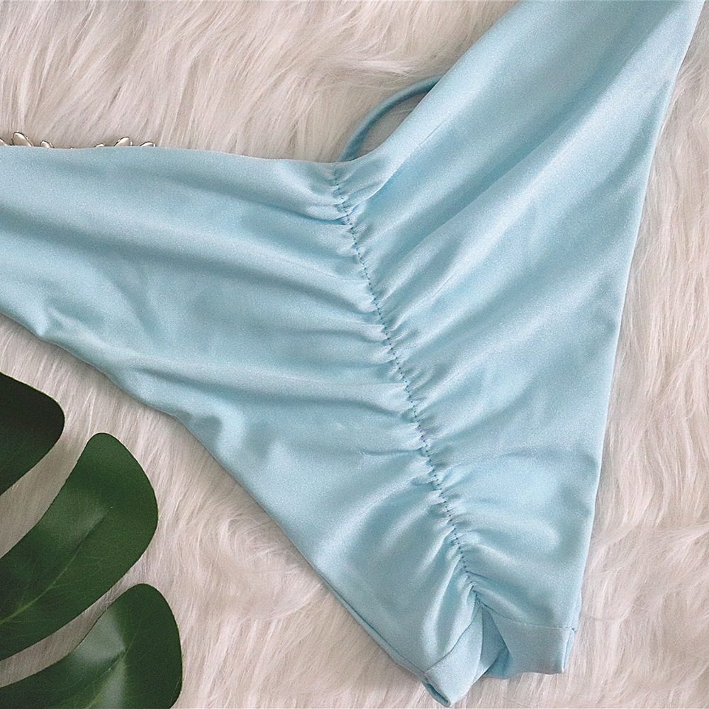 Shiny Rhinestone Bikini 2023 Sexy Solid One Shoulder Cut Out Push Up Swimsuit Lady Crystal Bathing Suit Brazilian Thong Swimwear