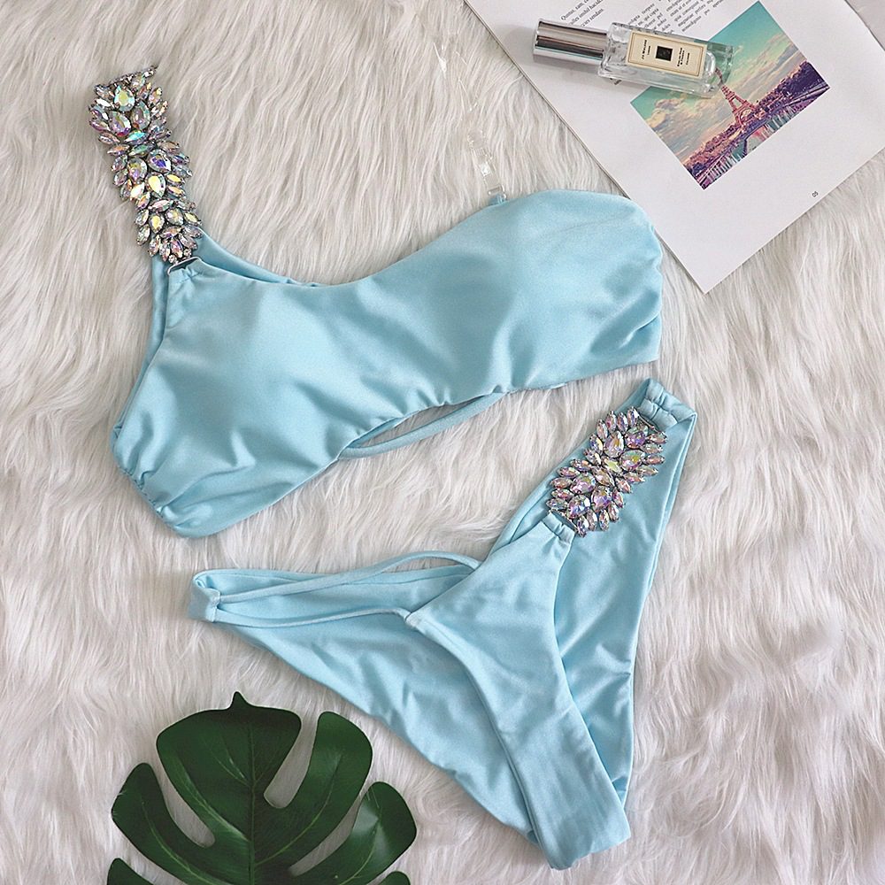 Shiny Rhinestone Bikini 2023 Sexy Solid One Shoulder Cut Out Push Up Swimsuit Lady Crystal Bathing Suit Brazilian Thong Swimwear