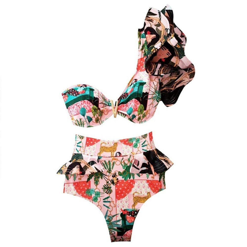 Two-Pieces Women Floral 2022 Push-Up Padded Bra Ruffles Bandage Bikini Set Swimsuit Swimwear Bathing Suit Beachwear Biquini