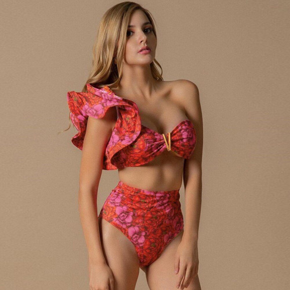 Two-Pieces Women Floral 2022 Push-Up Padded Bra Ruffles Bandage Bikini Set Swimsuit Swimwear Bathing Suit Beachwear Biquini