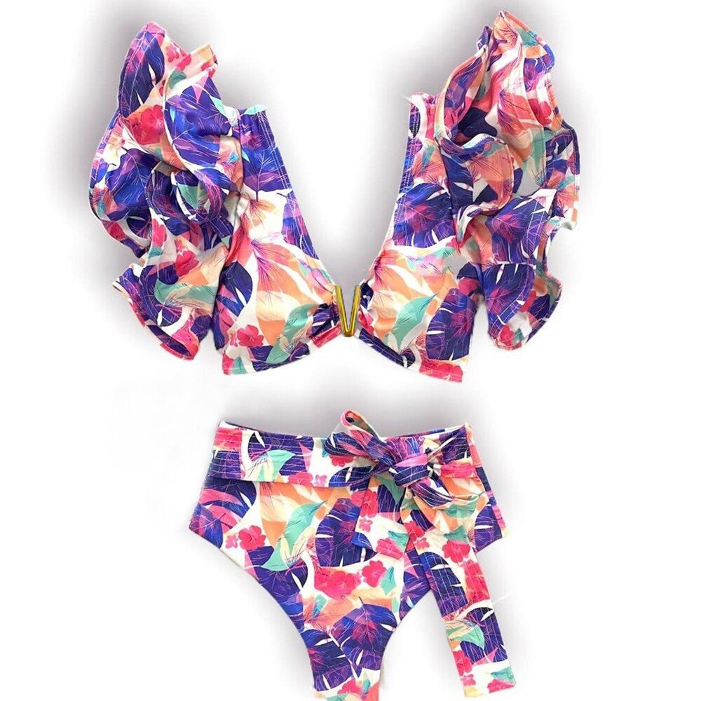 Two-Pieces Women Floral 2022 Push-Up Padded Bra Ruffles Bandage Bikini Set Swimsuit Swimwear Bathing Suit Beachwear Biquini
