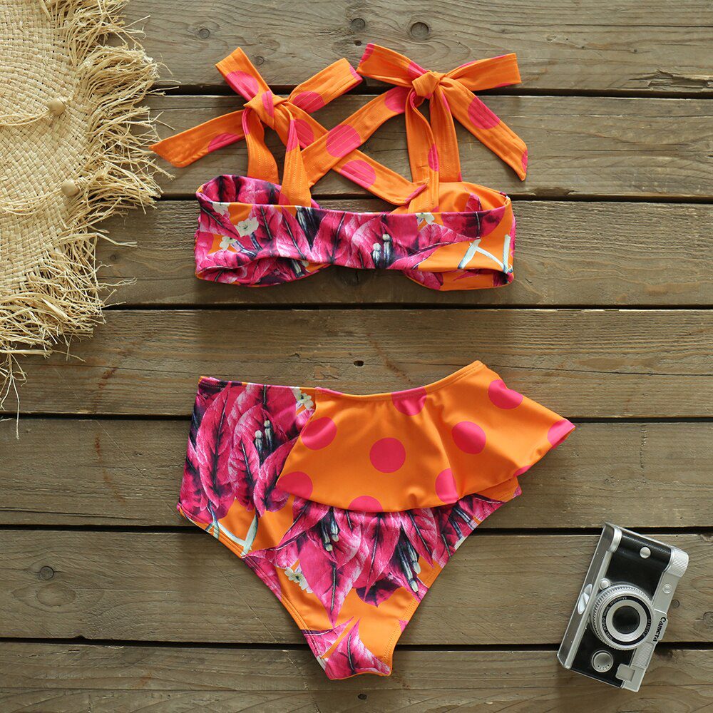 Two-Pieces Women Floral 2022 Push-Up Padded Bra Ruffles Bandage Bikini Set Swimsuit Swimwear Bathing Suit Beachwear Biquini
