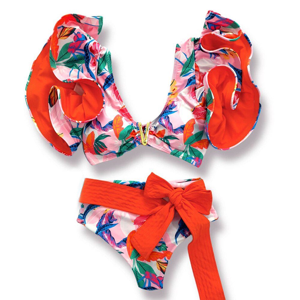 Two-Pieces Women Floral 2022 Push-Up Padded Bra Ruffles Bandage Bikini Set Swimsuit Swimwear Bathing Suit Beachwear Biquini