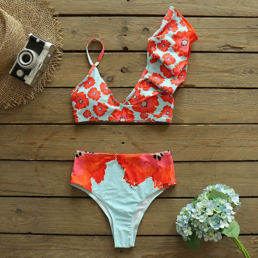 Two-Pieces Women Floral 2022 Push-Up Padded Bra Ruffles Bandage Bikini Set Swimsuit Swimwear Bathing Suit Beachwear Biquini