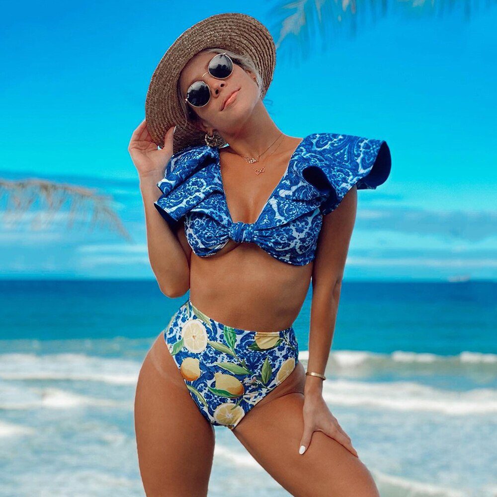 Two-Pieces Women Floral 2022 Push-Up Padded Bra Ruffles Bandage Bikini Set Swimsuit Swimwear Bathing Suit Beachwear Biquini