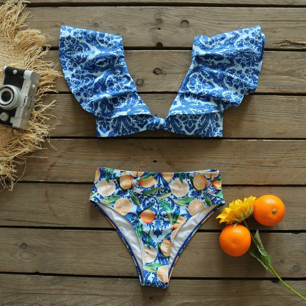 Two-Pieces Women Floral 2022 Push-Up Padded Bra Ruffles Bandage Bikini Set Swimsuit Swimwear Bathing Suit Beachwear Biquini