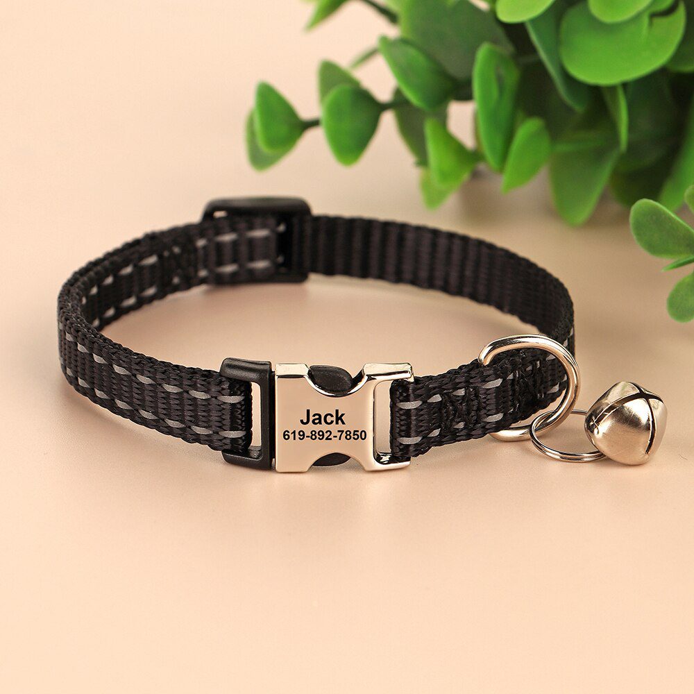 Gegraveerde Maat Kat Kraag Reflecterende Kitten Puppy Halsbanden Met Bell Gepersonaliseerde Huisdier Katten Kraag Ketting Accessoires 1Cm Breedte