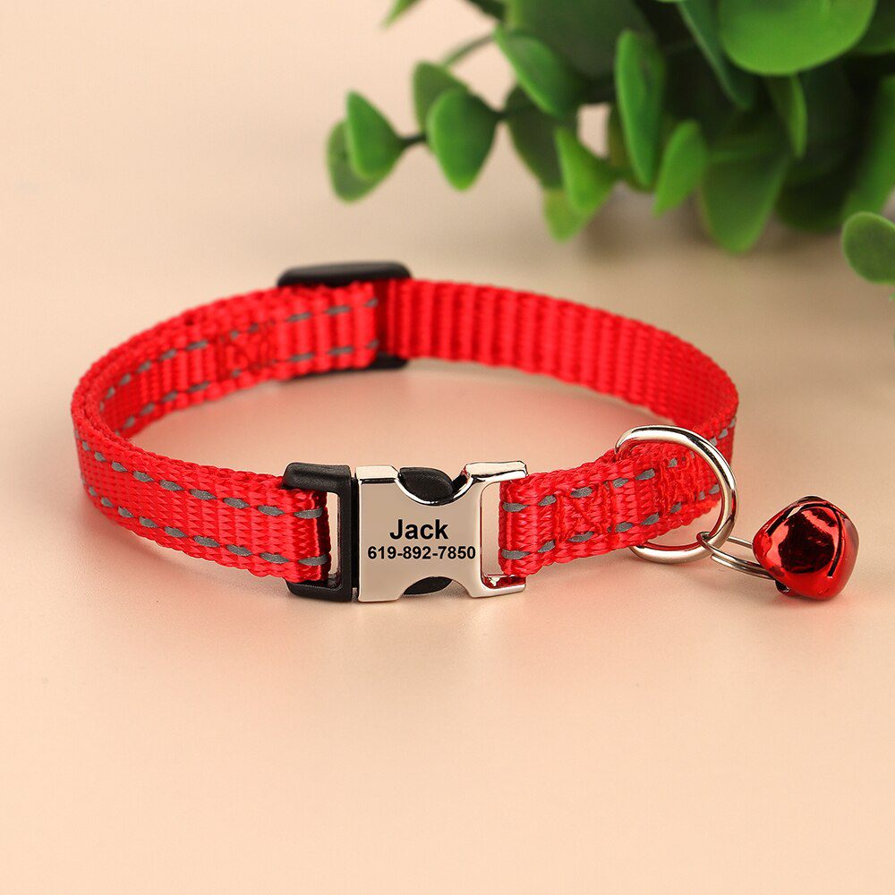 Gegraveerde Maat Kat Kraag Reflecterende Kitten Puppy Halsbanden Met Bell Gepersonaliseerde Huisdier Katten Kraag Ketting Accessoires 1Cm Breedte