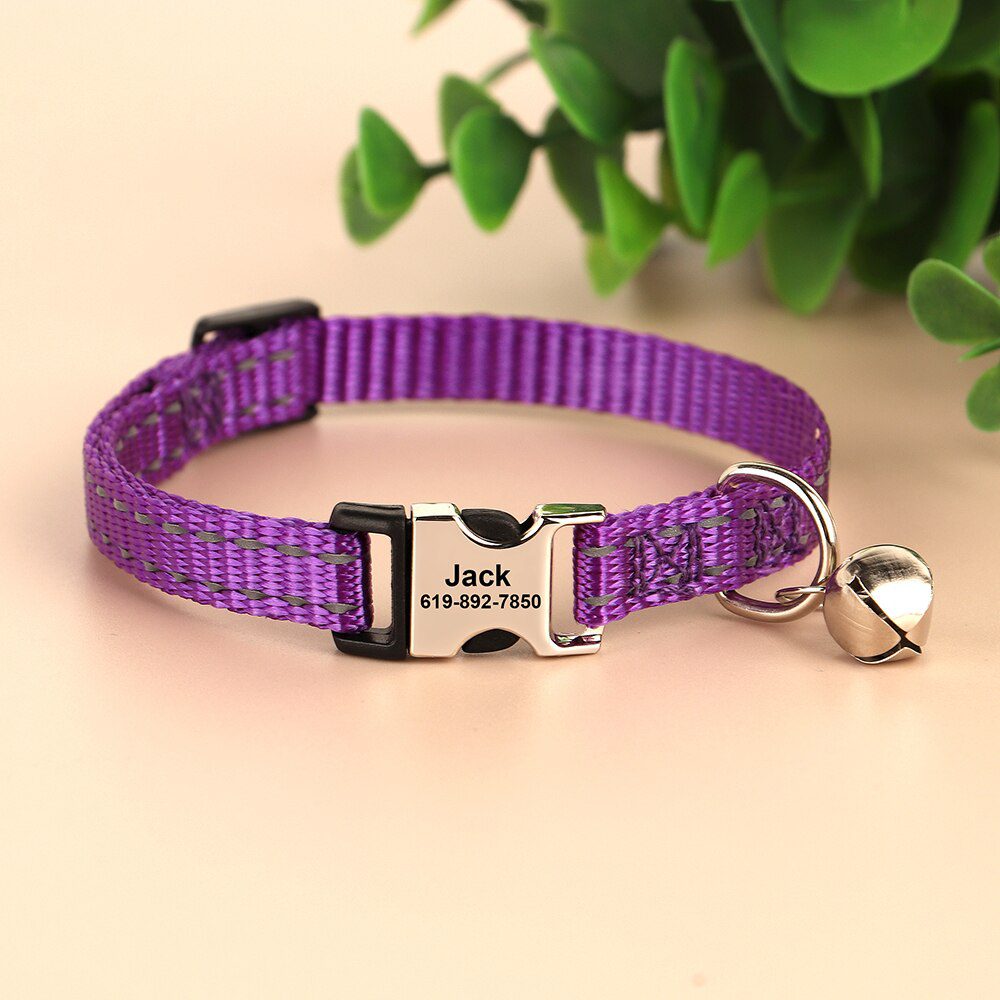 Gegraveerde Maat Kat Kraag Reflecterende Kitten Puppy Halsbanden Met Bell Gepersonaliseerde Huisdier Katten Kraag Ketting Accessoires 1Cm Breedte