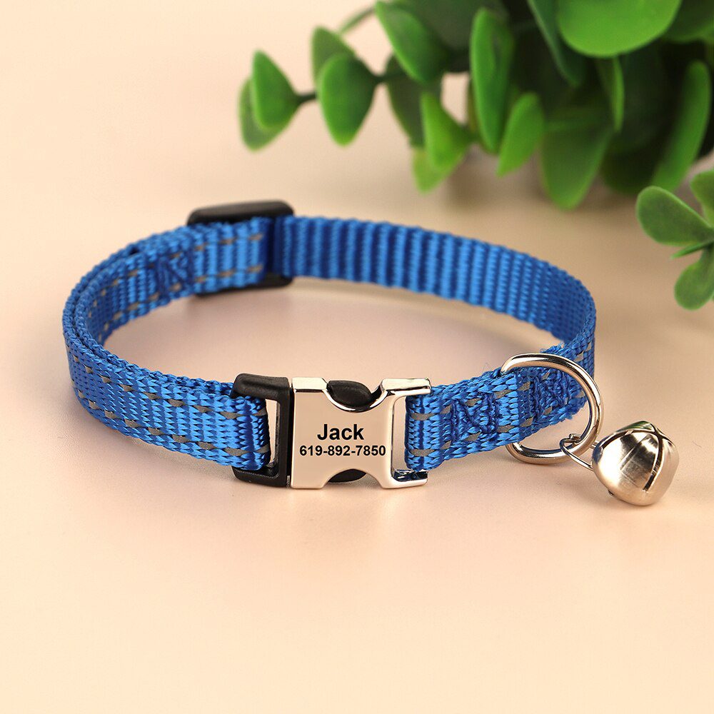 Gegraveerde Maat Kat Kraag Reflecterende Kitten Puppy Halsbanden Met Bell Gepersonaliseerde Huisdier Katten Kraag Ketting Accessoires 1Cm Breedte