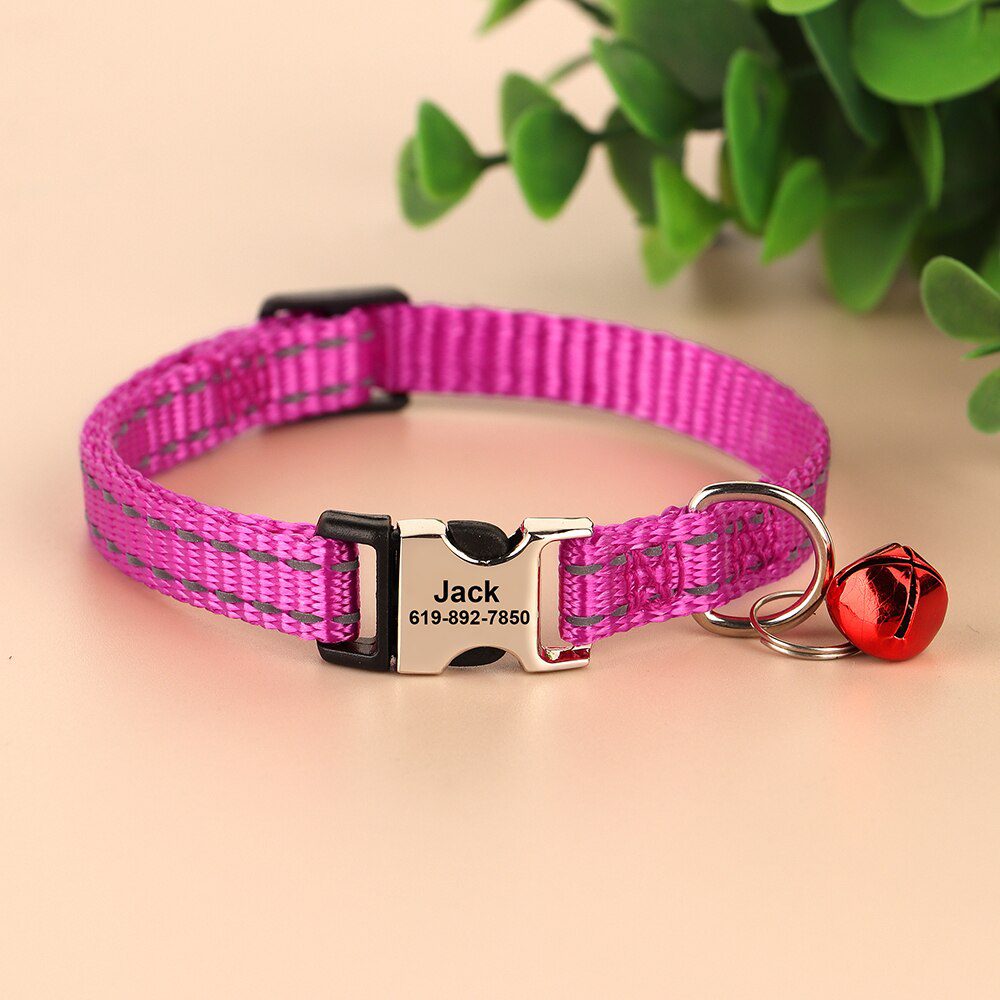 Gegraveerde Maat Kat Kraag Reflecterende Kitten Puppy Halsbanden Met Bell Gepersonaliseerde Huisdier Katten Kraag Ketting Accessoires 1Cm Breedte