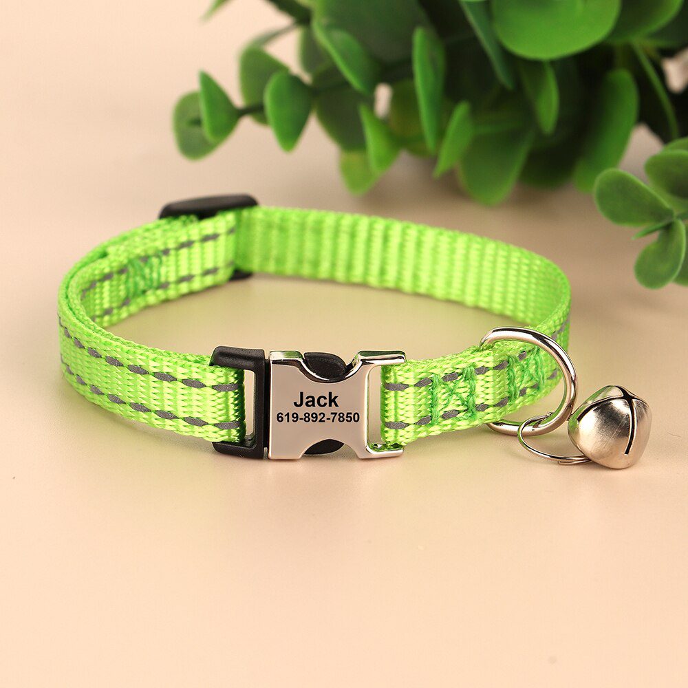 Gegraveerde Maat Kat Kraag Reflecterende Kitten Puppy Halsbanden Met Bell Gepersonaliseerde Huisdier Katten Kraag Ketting Accessoires 1Cm Breedte