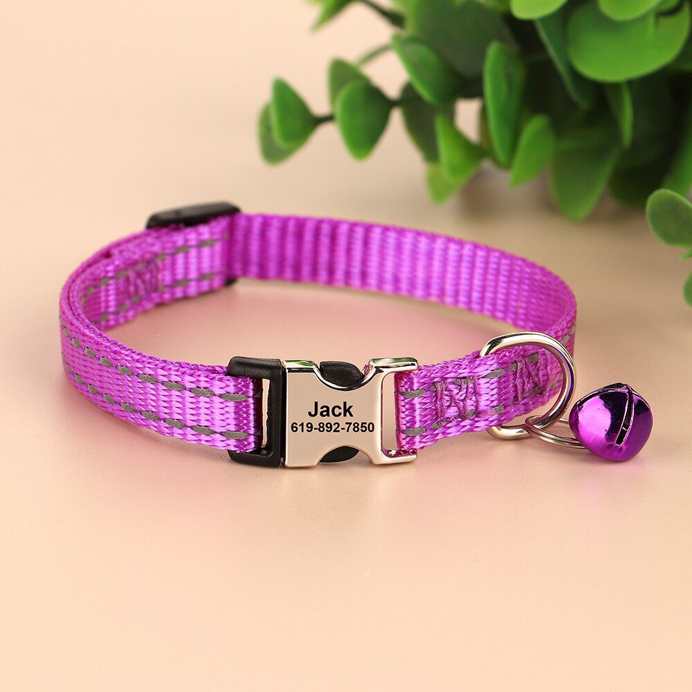 Gegraveerde Maat Kat Kraag Reflecterende Kitten Puppy Halsbanden Met Bell Gepersonaliseerde Huisdier Katten Kraag Ketting Accessoires 1Cm Breedte