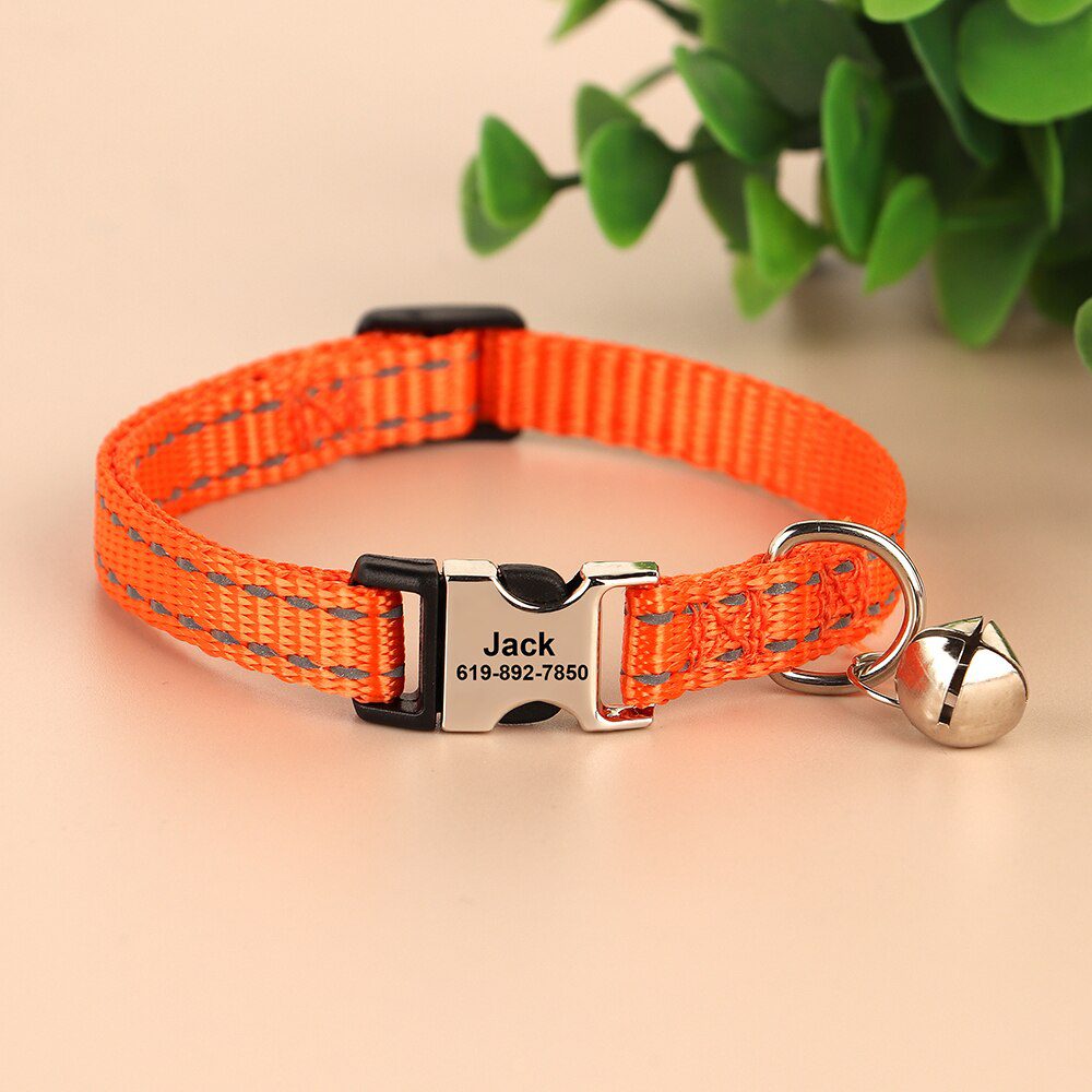 Gegraveerde Maat Kat Kraag Reflecterende Kitten Puppy Halsbanden Met Bell Gepersonaliseerde Huisdier Katten Kraag Ketting Accessoires 1Cm Breedte