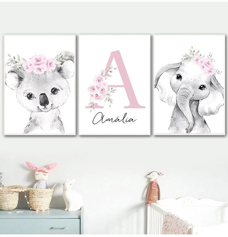 Custom Baby Name Nursery Poster Personalized Canvas Painting Print Pink Flower Animals Wall Art for Girls Bedroom Pictures Decor Custom Baby Name Nursery Poster Personalized Canvas Painting Print Pink Flower Animals Wall Art for Girls Bedroom Pictures Decor