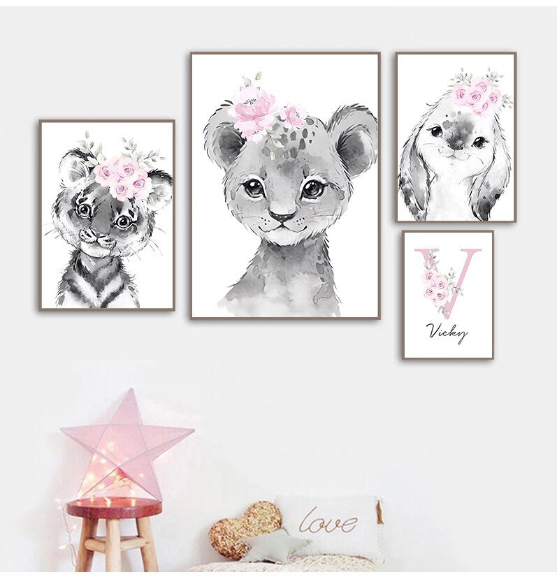 Custom Baby Name Nursery Poster Personalized Canvas Painting Print Pink Flower Animals Wall Art for Girls Bedroom Pictures Decor Custom Baby Name Nursery Poster Personalized Canvas Painting Print Pink Flower Animals Wall Art for Girls Bedroom Pictures Decor